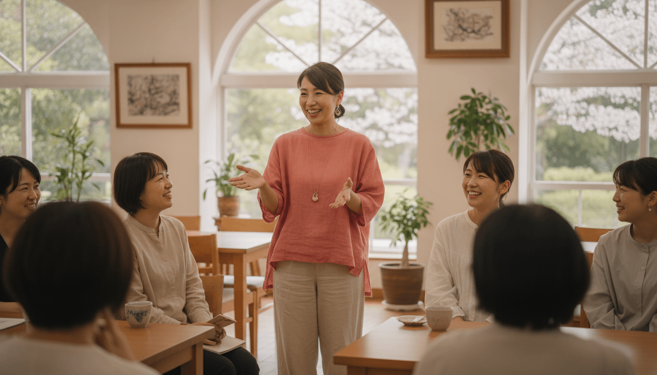 明るい部屋で参加者に説明するイベンター